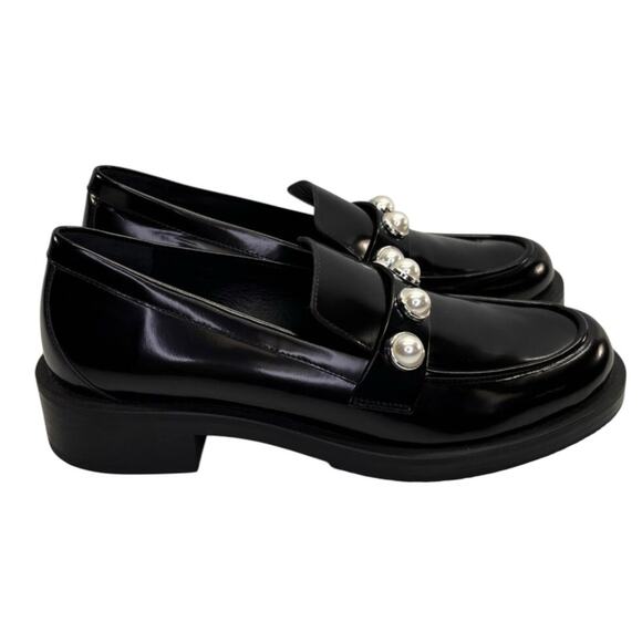 Stuart Weitzman Portia Bold Loafers Black Leather w Pearl Detail Size 8.5 Spain - Picture 4 of 14